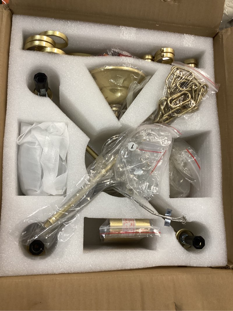 Condition photo showing As Is for WUZUPS Crystal Candle Chandelier Pendant Flushmount Ceiling Light Modern Lighting Fixture for Bedroom Hallway Bar Kitchen Bathroom, H 14" x W 16", Gold, E12 Base Gold, 4 Lights, H 14" x W 16"