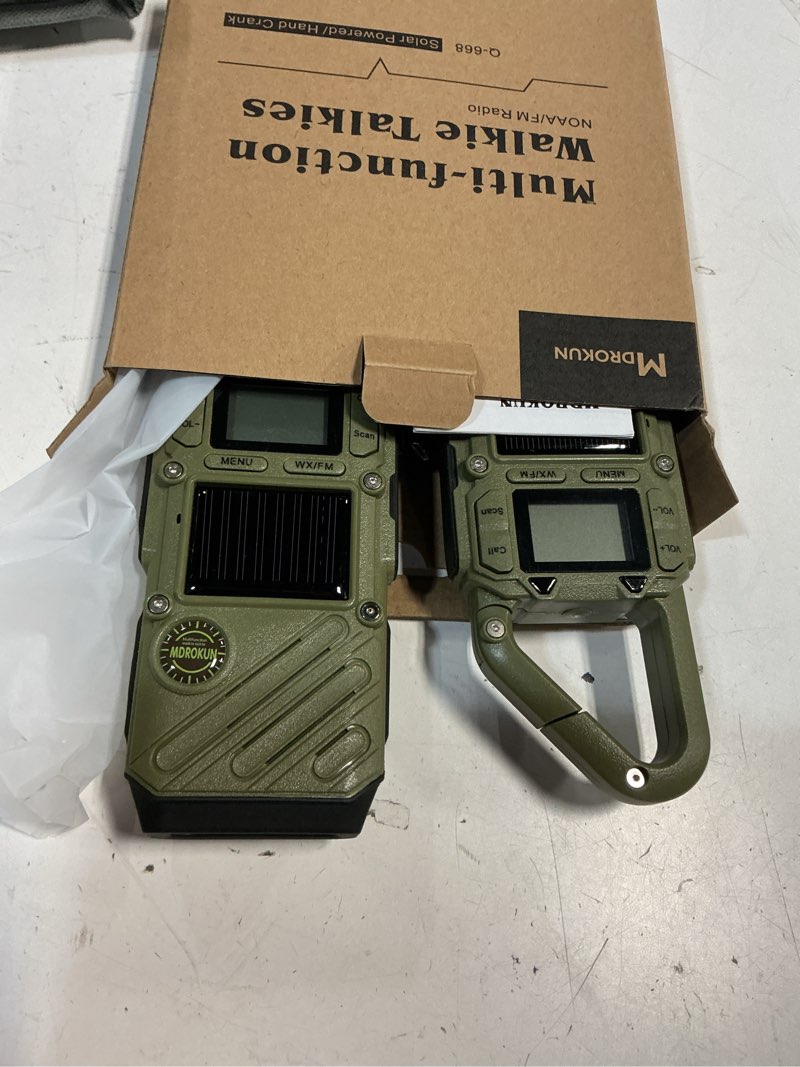 Condition photo showing As Is for emergency weather radio walkie talkies for adults - noaa/fm weather alert with solar hand crank & usb charging, 22-channel range 10 miles two-way radios, led flashlight & sos alarm ?2-pack?