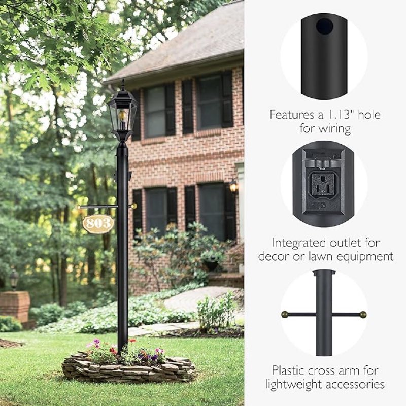 Design House Outdoor Lamp Post, Plastic Cross Arm, Built-in-Outlet, Dusk-to-Dawn Photo Eye Sensor, Easy Installation, Black, 3 in Diameter x 80 in H, 589812