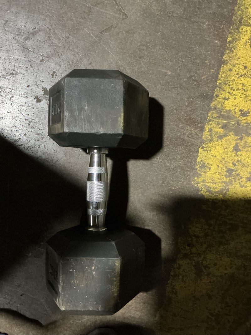 Condition photo showing As Is for york pvc hex dumbbell, chrome ergo handle 5 lb.