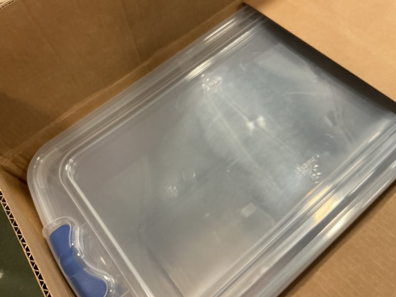 Condition photo showing Good Condition for HOMZ 2 Pack, Large Clear Plastic Storage Bins w/Latching Lids, 112 Quart, Blue