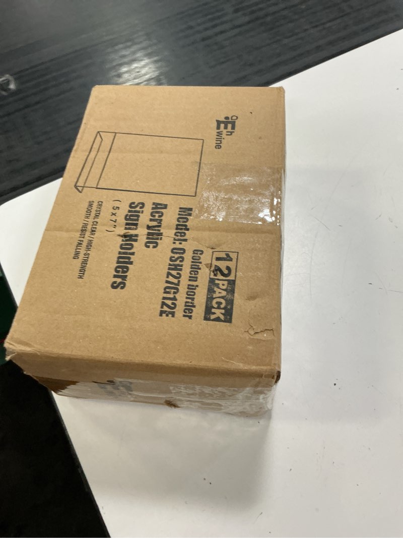 Condition photo showing New/Like New for ehwine 12 pack 5 x 7 acrylic sign holder, clear plastic signs display stand, gold slanted back paper holder stand up table top sign holders flyer stand frames suitable for office business store gold 5x7 inch