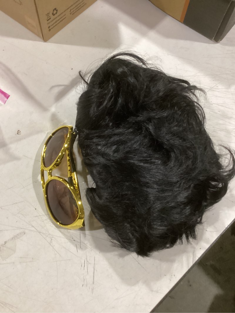 Condition photo showing Good Condition for bettecos kids 50s rock legend wig with sunglasses and necklace 4 pcs set singer rocker costume wigs for cosplay halloween party (kids)