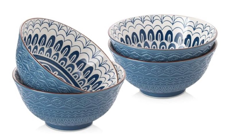 Cereal Bowls Set of 4, 20 Ounce Ceramic Soup Bowl Set for Kitchen, Perfect for Cereal, Soup, Snack, Dessert, Microwave and Dishwasher Safe, Embossed Blue