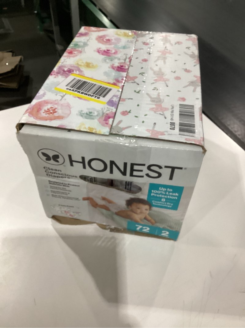 Condition photo showing New/Like New for The Honest Company Clean Conscious Diapers for Delicate Skin, Up to 100% Leakproof Hypoallergenic Fragrance-Free Baby Diapers, Girl Prints, Club Box, Size 2 (12–18 lbs), 72 Count (Prints May Vary) Size 2 (72 Count) Rose Blossom + Tutu Cute
