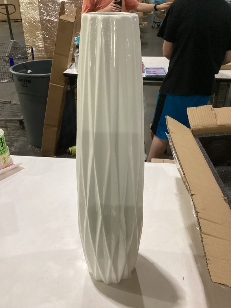 Condition photo showing As Is for ceramic white tall floor vase, 24" large vase, decorative flower vases for pampas grass modern home decor living room office bedroom kitchen wedding centerpieces farmhouse décor ten stripes height-24 inch