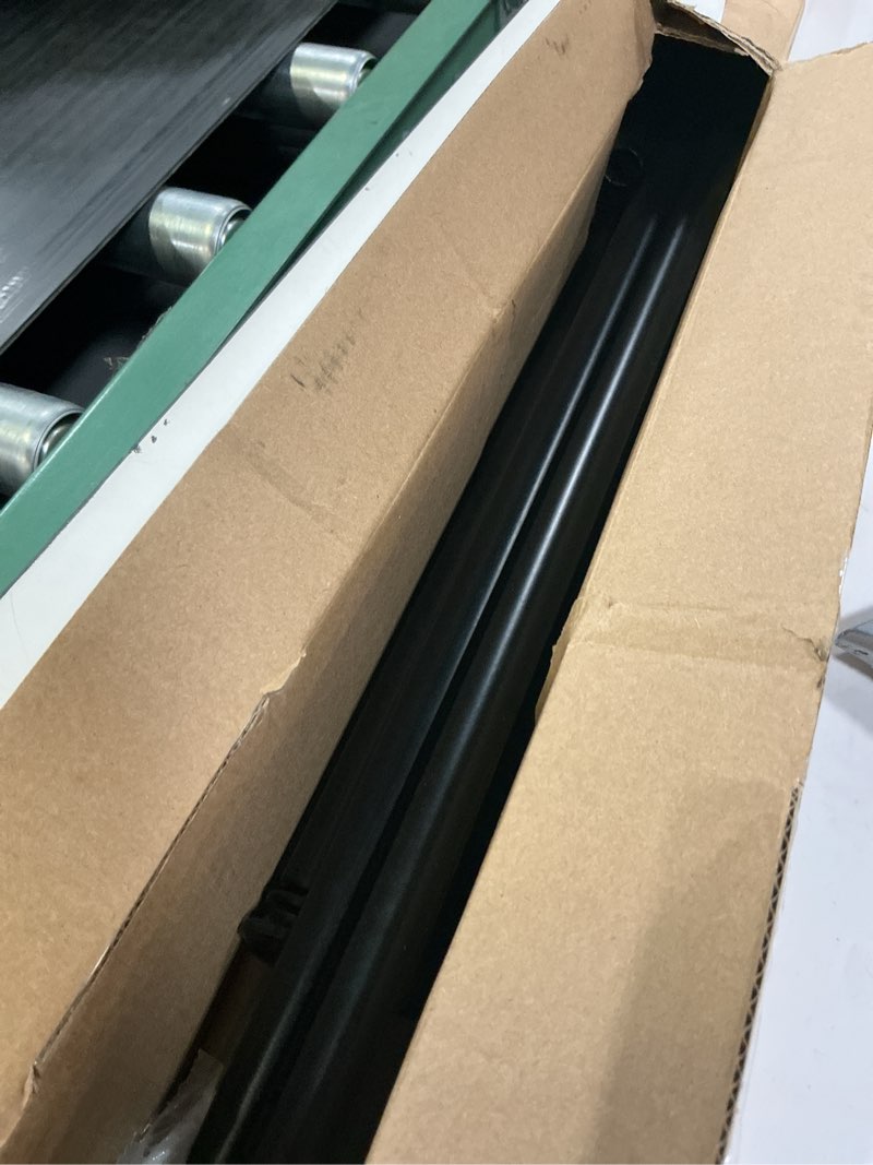 Condition photo showing As Is for tonial bay window curtain rods, 36 to 72 inch center rod for window, 20 to 36 inch side rods for windows 3/4 inch decorative drapery rods with small cap finial, light black light black 36-72"(3 sided)