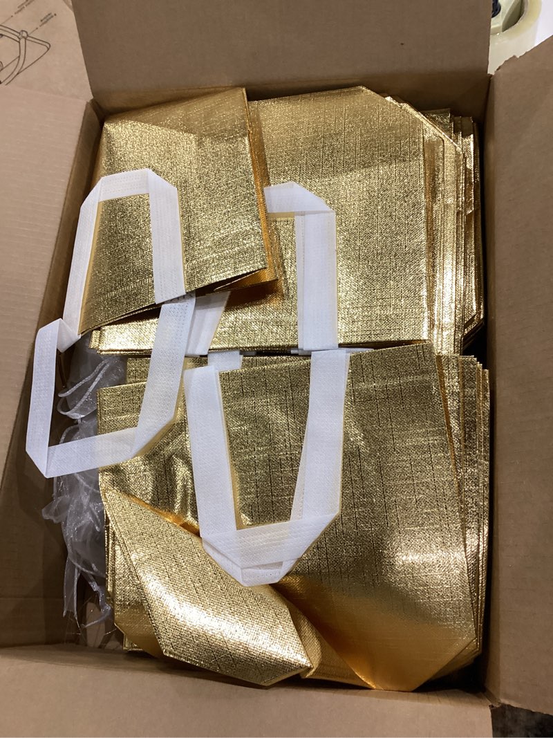 Condition photo showing Good Condition for chengu 100 pcs thank you for celebrating with us wedding gift bags for hotel guests bulk welcome bags reusable non woven tote with handle for bridal shower party favor(gold)