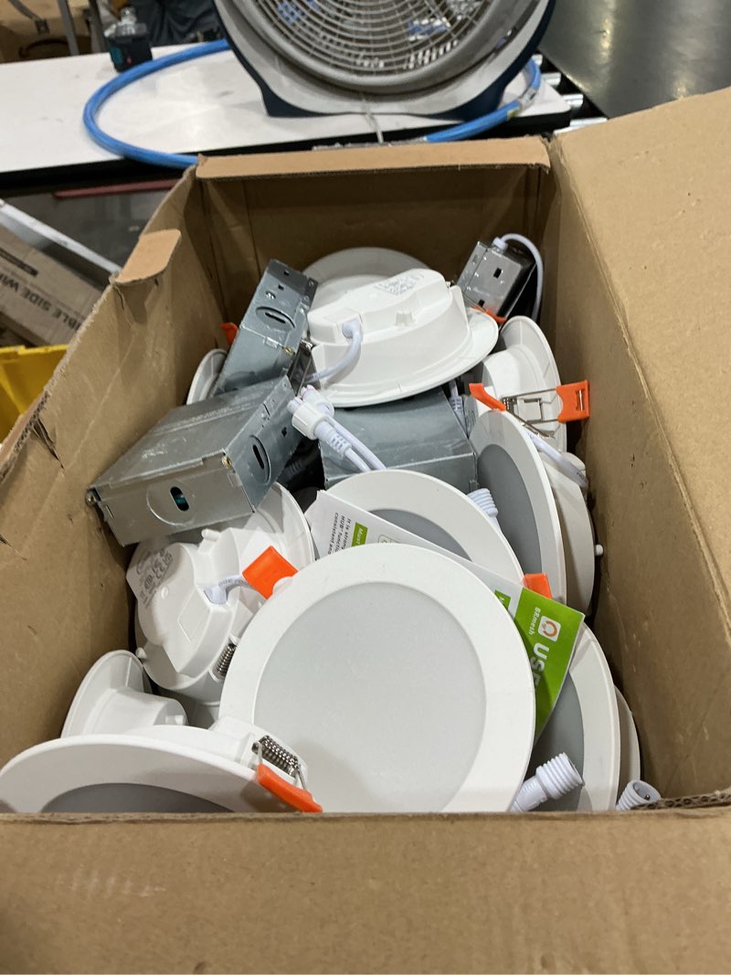 Condition photo showing As Is for siksog 24pack smart recessed lighting 4 inch rgbcw color changing 12w led downlight with junction box,1080 lumen recessed ceiling light compatible with alexa,dimmable by bluetooth control 4in 24pack 24pack white shell-rgb&5cct