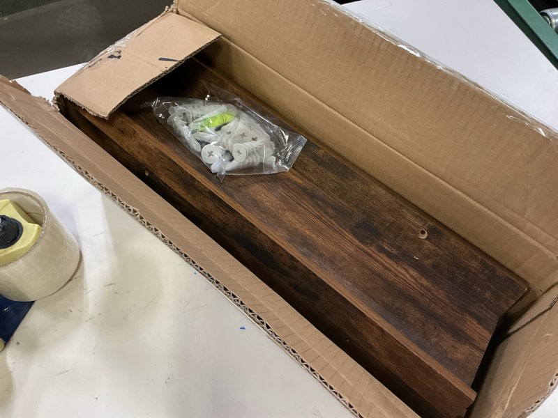 Condition photo showing item condition for upsimples Floating Shelves for Wall, Wall Shelves for Decor Storage Set of 6, Wall Mounted Wood Shelf for Bedroom, Living Room, Bathroom, Kitchen, Picture Ledge Shelf, Brown Brown 15.7in