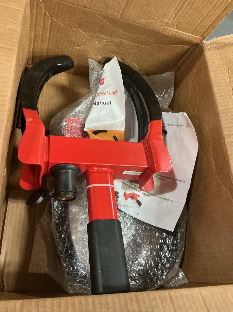 Condition photo showing Good Condition for YATOINTO Universal Wheel Lock,2 Pack Heavy Duty Trailer Lock,Security Anti Theft Wheel Lock,Adjustable Max 11.4" Tire Width for Trailer Boot,Car Boot,Golf Cart,RV,Boat with 6 Keys Alike(Red-Black) 2 Pcs Red/Black