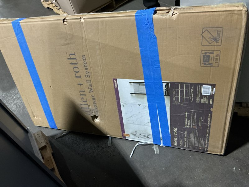 Condition photo showing As Is for allen + roth platform 48-in w x 34-in d x 78-in h carrara white 9 -piece glue up alcove shower wall surround item #3492140