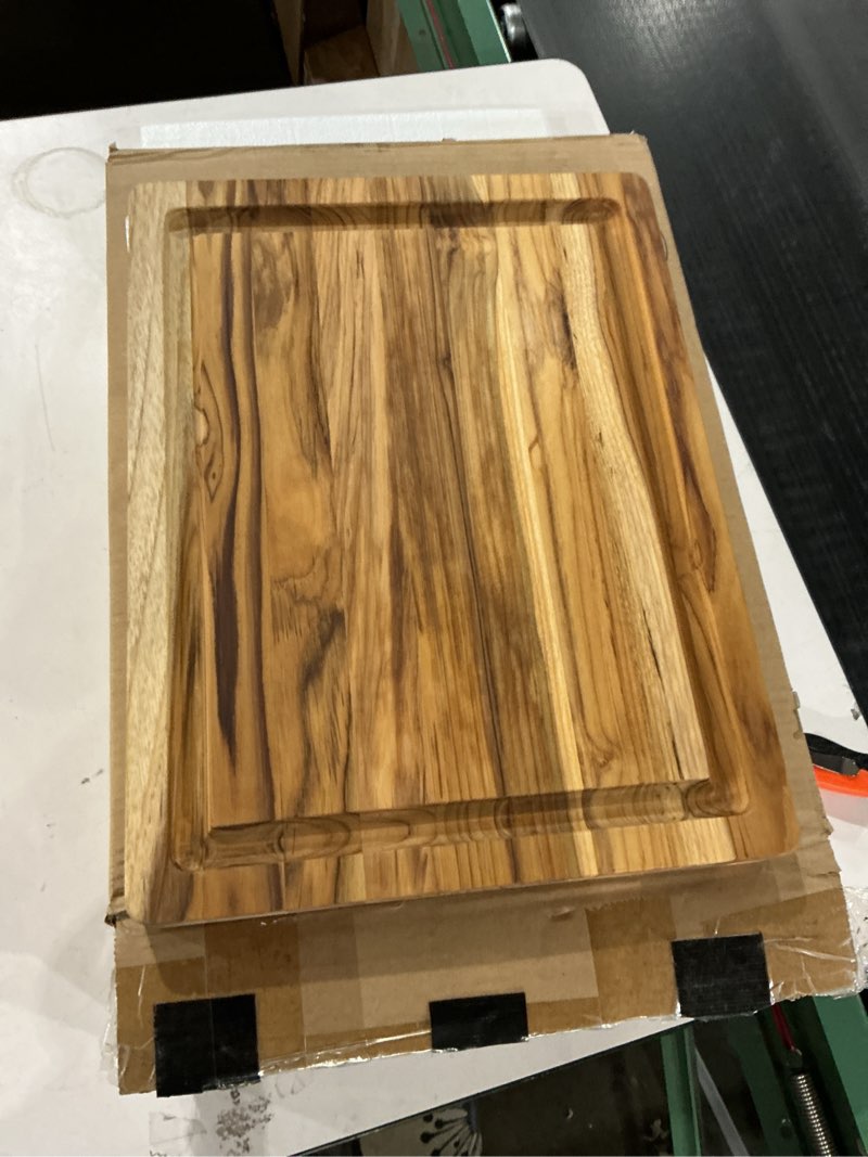 Condition photo showing As Is for Yes4All Solid Teak Cutting Boards for Kitchen, [17''L x 13''W x 1.5” Thick] Medium Edge Grain Butcher Block Cutting Board, Food Surface Wood Cutting Boards with Juice Grooves and Easy Grip Handle Teak 17"L x 13"W