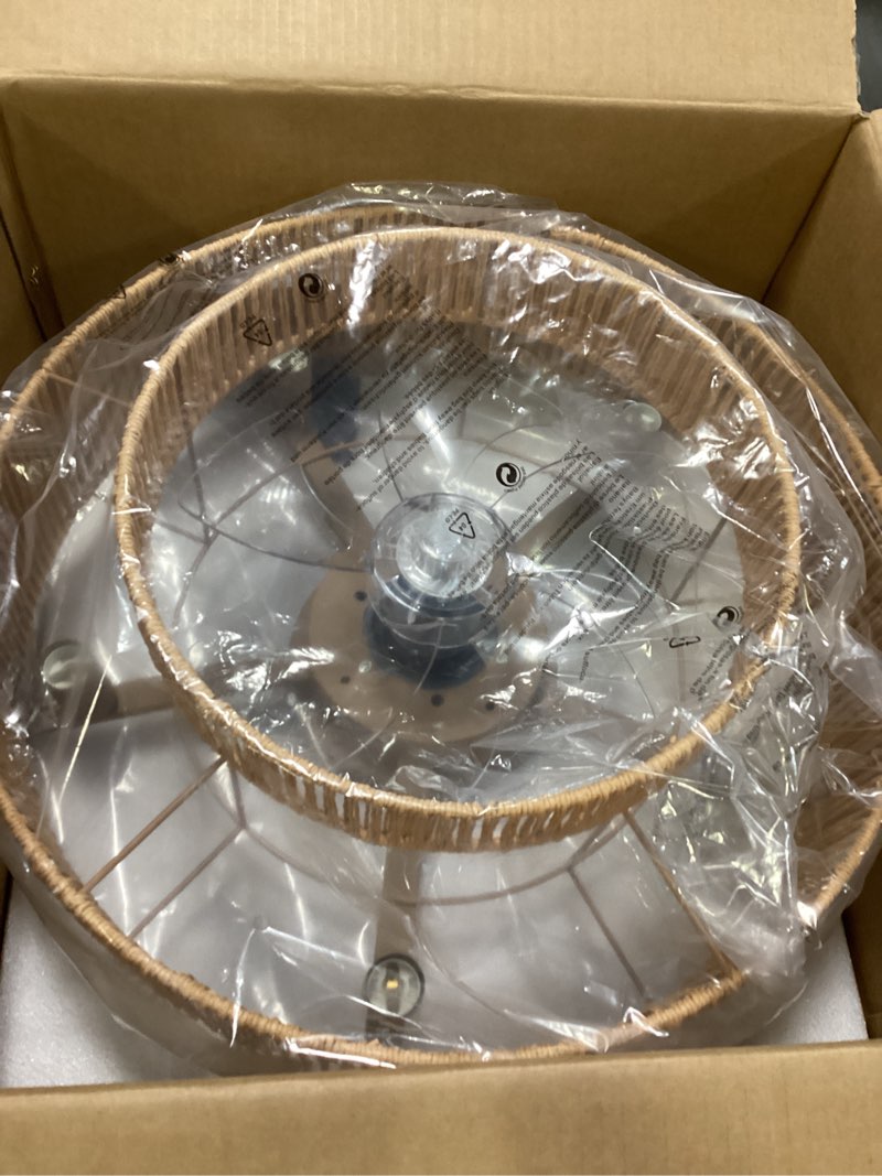 Condition photo showing item condition for 20 Inch Boho Caged Ceiling Fans with Lights Flush Mount, Layered Rattan Ceiling Fan with Light Remote Control with Reversible 6 Speeds for Bedroom, Nursery, Living Room, E12 Base, Indoor Gold 20" Layered Rattan Boho Caged Ceiling Fan with Lights