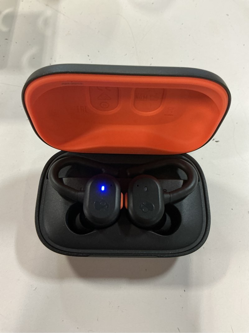 Condition photo showing Good Condition for skullcandy push active wireless earbuds, bluetooth headphones, noise isolating, 44 hrs battery, secure-fit over-ear hanger, sweat and water resistant, microphone for iphone android - true black/orange
