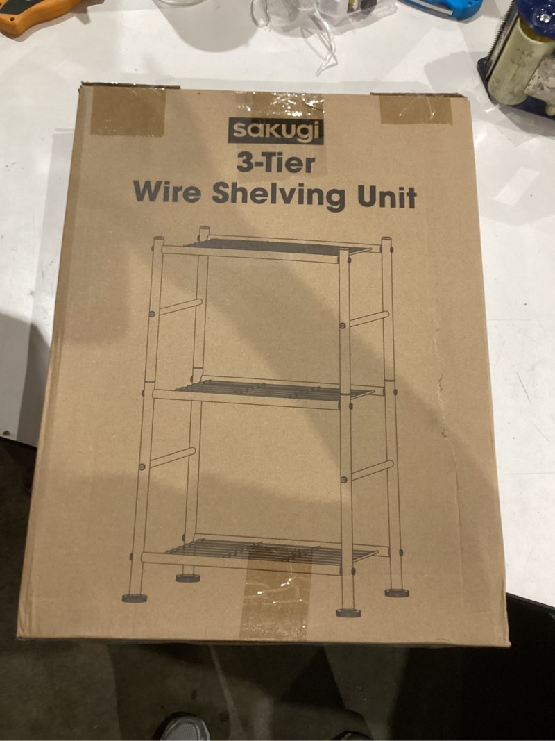 Condition photo showing As Is for Storage Shelves - 3 Tier Shelf Organizer, Sturdy Metal Garage Shelving with Adjustable Leveling Feet, Space-Saving Shelves Organizer for Pantry, Laundry, Kitchen (18" x 12" x 30", Black) Black 18.0W x 12.0D x 30.0H (3T)