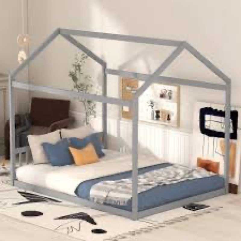 SIMILAR TO STOCK PHOTO Bellemave Canopy Floor Bed with 4 Posters, Metal Queen Size Montessori Floor Bed with Headboard, Ant