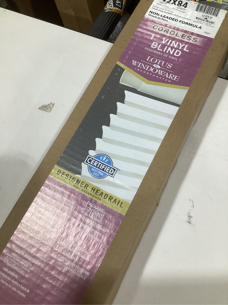 Condition photo showing New/Like New for LOTUS & WINDOWARE Cordless Mini Blind, 1" Vinyl Slats, 42" Wide x 84" Long - White, Window Blinds for Home and Office, Interior Door Blinds - Light Filtering 42"W x 84"H White