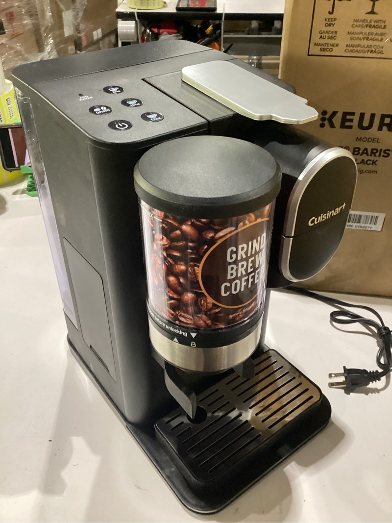 Condition photo showing As Is for cuisinart single-serve coffee maker + coffee grinder with 8 oz., 10 oz., and 12 oz. serving size, compatible with single-cup pods, 48-ounce removable reservoir, stainless steel, dgb-2 black