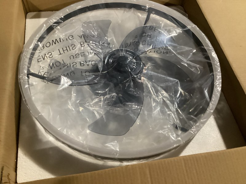 Condition photo showing item condition for VOLISUN Low Profile Ceiling Fans with Light and Remote,19.7in Fandelier Ceiling Fan with Lights, 3000K-6500K Dimmable Flush Mount LED Fan Light, Black Bladeless Ceiling Fans with Lights for Bedroom Black 19.7 INCH