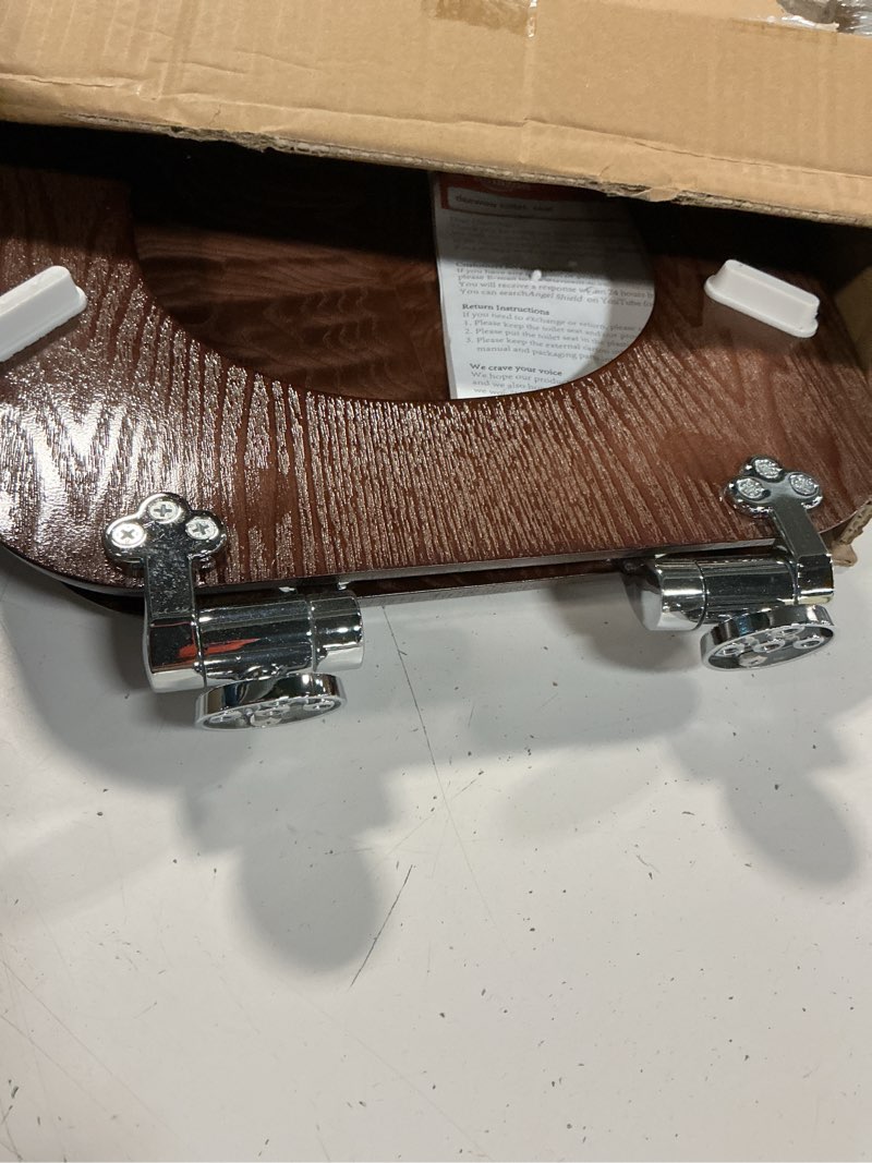 Condition photo showing Good Condition for elongated slow close toilet seat support 400 lbs, heavy duty wood toilet seat with natural wood veneer for bathroom, soft close lid with chrome hinges, easy clean, easy install