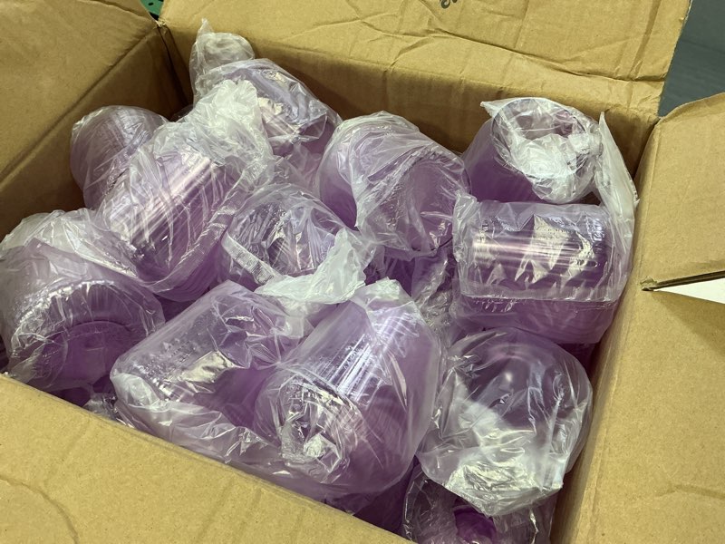 Condition photo showing Good Condition for Suclain 50 Pcs Plastic Wine Glasses Ribbed Stemless Wine Glasses 14oz Vertical Design Unbreakable Cups for Outdoor Indoor Vintage Elegant Champagne Whiskey Cups for Party Wedding (Purple) Purple 50