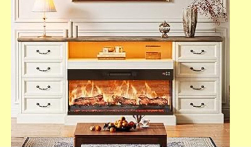Huuger Fireplace TV Stand with LED Lights for 75 Inch TV, 3-Side Glass Fireplace Entertainment Center, 70 Inch Farmhouse Television Stands Stand with 4 Deep Drawers for Living Room, Distressed White (incomplete, fireplace insert only)