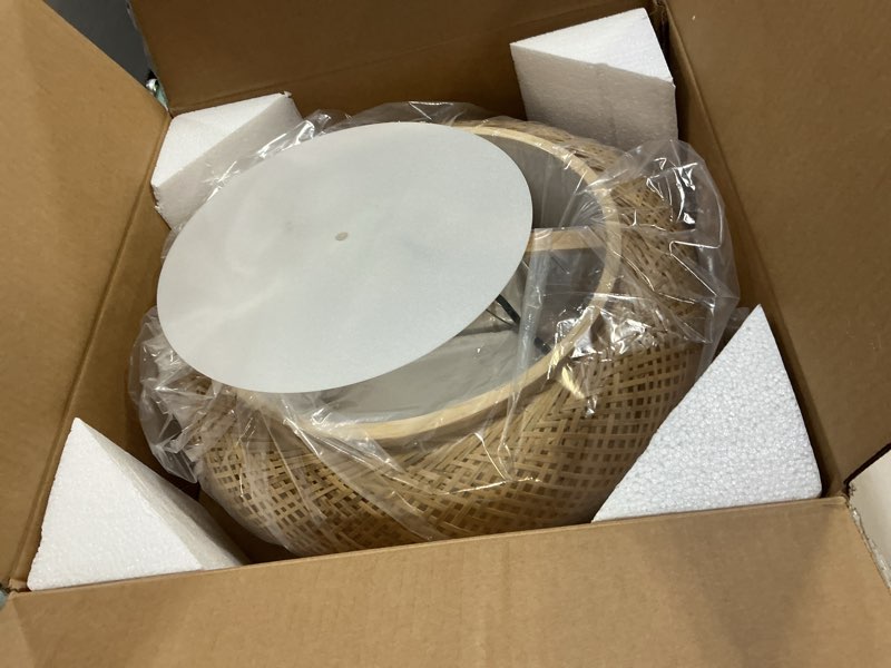 Condition photo showing Good Condition for Bamboo Flush Mount Ceiling Light Handwoven Rattan Light Fixture, 3 Lights Boho Ceiling Lamp for Bedroom, Entryway, Foyer (15-inch)