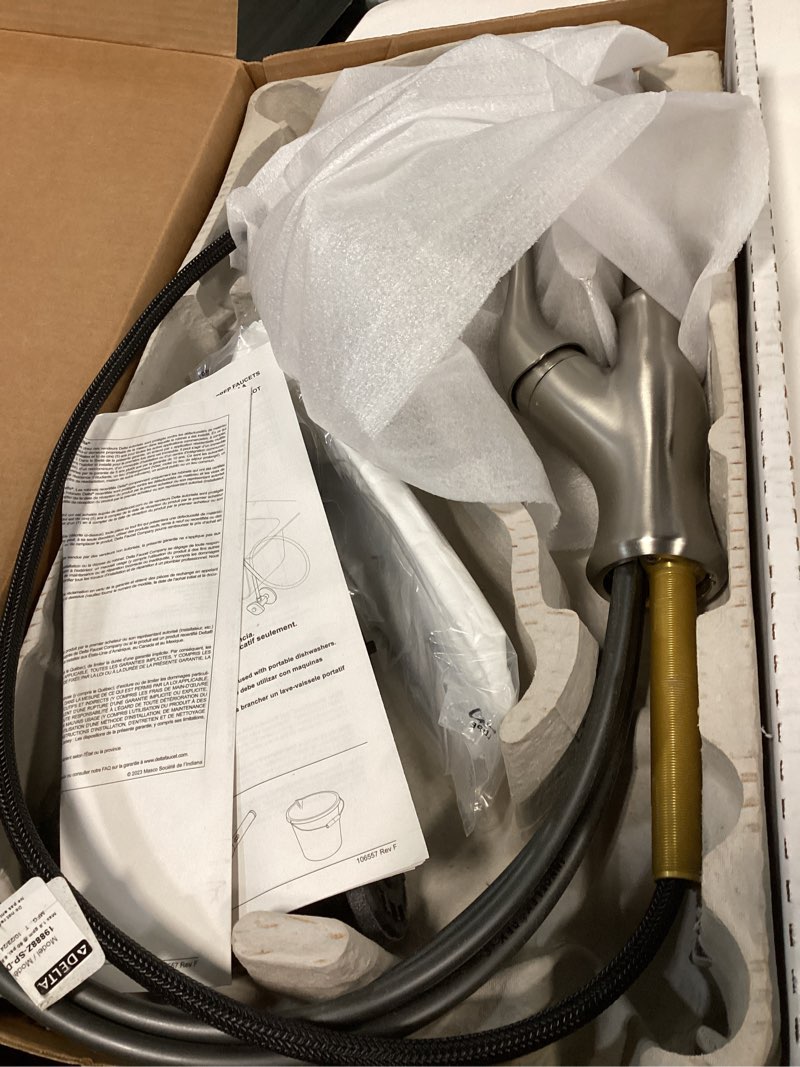Condition photo showing Good Condition for delta ophelia brushed nickel kitchen faucet with pull down sprayer, modern single hole kitchen sink faucet, single handle, spotshield stainless 19888z-sp-dst