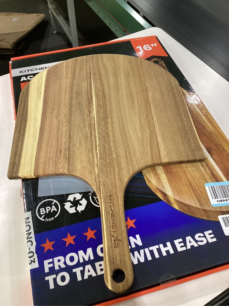 Condition photo showing New/Like New for KitchenStar 16-Inch Acacia Wood Pizza Peel – Extra Large Wooden Cutting & Serving Board with Handle – Natural Oil Finish – Ideal Pizza Oven Accessory for Easy Sliding & Prep 16 inch Wood