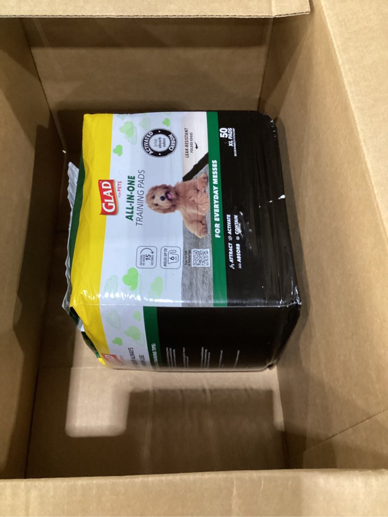 Condition photo showing As Is for glad for pets activated carbon dog training pads - absorbent large disposable dog pee pads for dogs, xl potty pads for dogs, charcoal puppy pads with adhesive tabs, jumbo dog pads, 28" x 30", 50 count jumbo 28" x 30" - 50 count