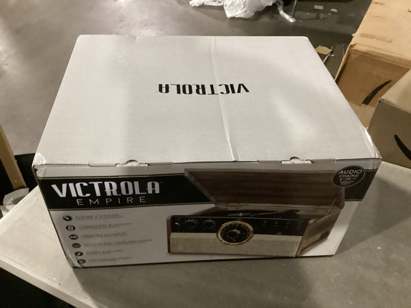 Condition photo showing Good Condition for victrola the empire mid-century 6-in-1 turntable & multimedia center with built-in speakers – 3 speed, bluetooth connectivity, radio, cassette & cd player, rca out, headphone jack (farmhouse walnut)