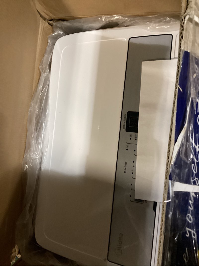 Condition photo showing As Is for midea 4,500 sq. ft. dehumidifier with pump included, 50 pint - ideal for basements, large & medium sized rooms, and bathrooms (white) 4,500 sq. ft. with pump - wifi