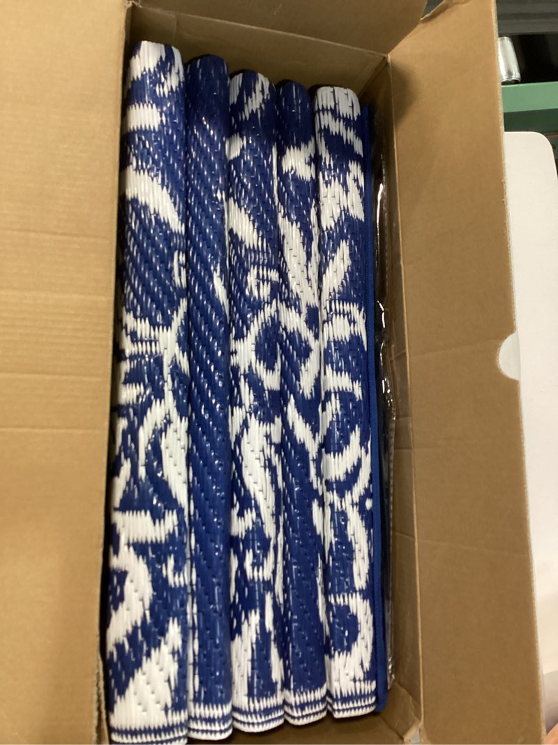 Condition photo showing Good Condition for garvee outdoor rugs 8x10 waterproof reversible mat boho leaf patio rug with 4 stakes and starage bag, large outdoor rv mat rugs for camping, picnic, balcony, deck, backyard, navy blue & white navy blue & white 8' x 10' (rectangular)