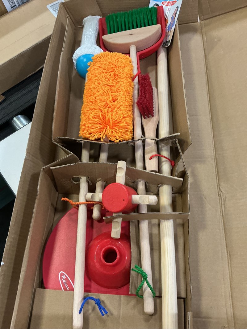 Condition photo showing Good Condition for Melissa & Doug Dust Sweep Mop 6-Piece Pretend Play Set, Toddler Toy Cleaning, Pretend Play Home Cleaning, Kids Broom and Mop Set for Ages 3+ Dust! Sweep! Mop!