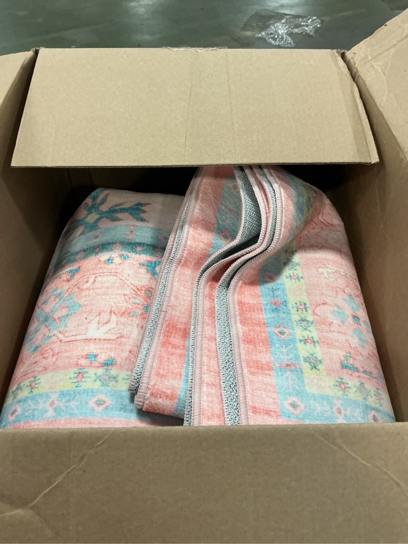 Condition photo showing Good Condition for Washable Pink and Blue 8x10 Oushak Rugs for Bedroom Girls Dorm Living Room, Modern Floral Aethestic Distressed Design, Soft Faux Wool Low Pile Non Slip Stain Resistance Carpet 8' x 10' (Rectangular) Pink / Blue