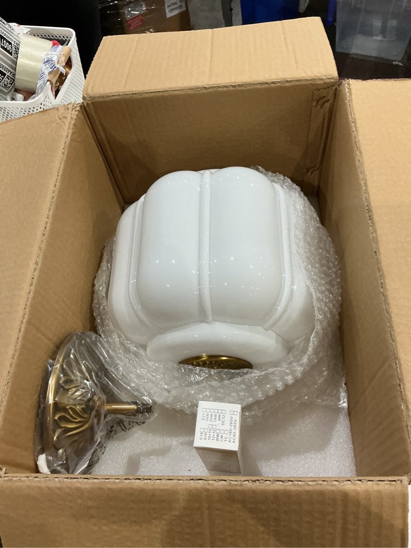 Condition photo showing Good Condition for 9in white milk glass ceiling light fixture, led bulb included, vintage semi flush mount pendant light antique brass mid century art deco chandelier for kitchen dining room hallway bedroom white 9in