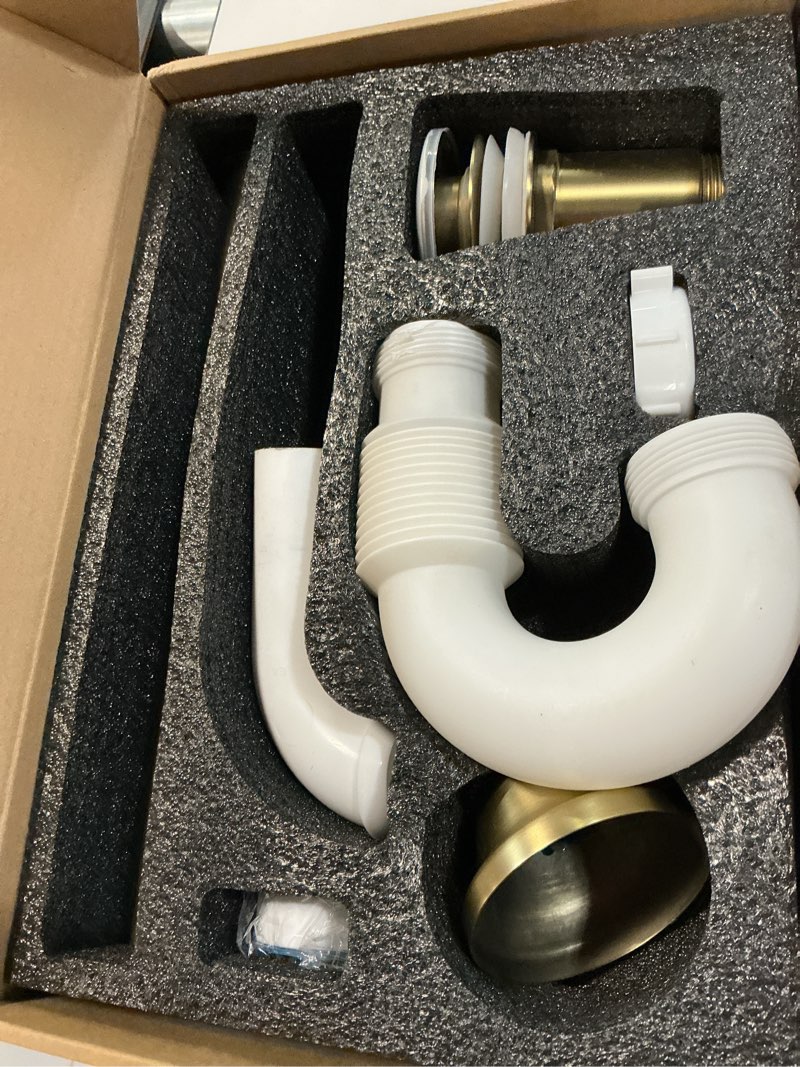Condition photo showing New/Like New for random brass p trap with bathroom sink stopper kit with overflow,brushed gold u-shape 1-1/4 inch sink trap with 11.6? slip joint extension tube,adjustable height sink waste drain bottle p-trap kit