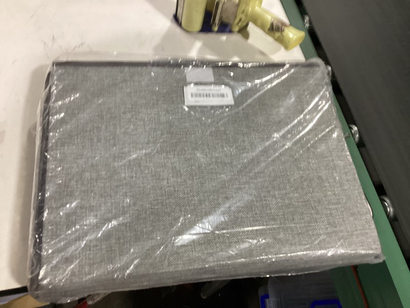 Condition photo showing New/Like New for large 17" 42 quarts collapsible stackable storage bins with lids [3-pack] foldable fabric linen storage boxes cube, closet organizer baskets with label for home (16.7 x 12 x 12, gray) gray large - 3 pack