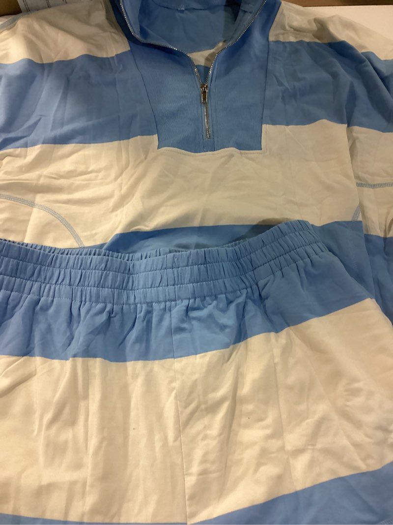 Condition photo showing Good Condition for panadila women striped workout set two piece outfit tracksuit oversized lounge set top and shorts sets with pockets blue beige combo large