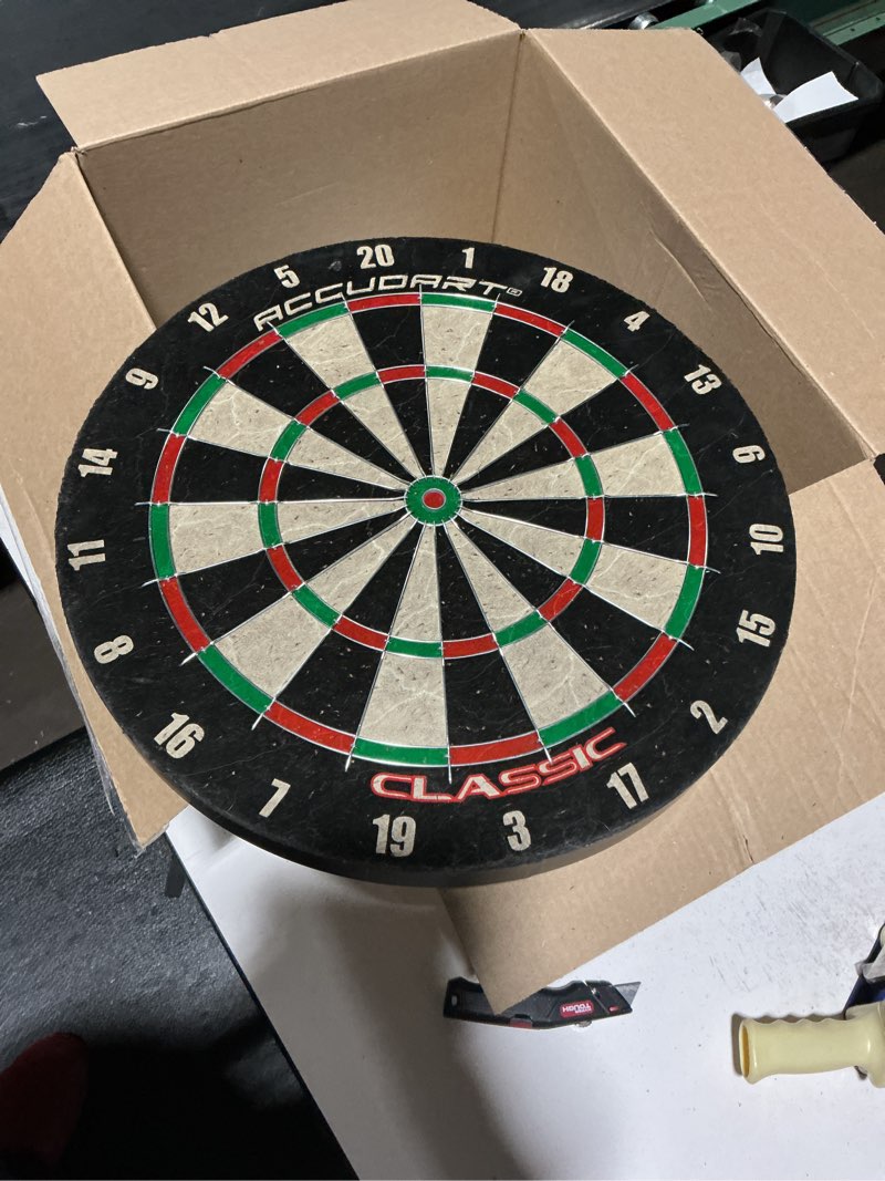 Condition photo showing As Is for Accudart Classic Bristle Dartboard - Official Size 18" x 1.5" - Self-Healing Genuine Bristle Sisal - Staple Free Bullseye - Ideal for Steel Tip Darts