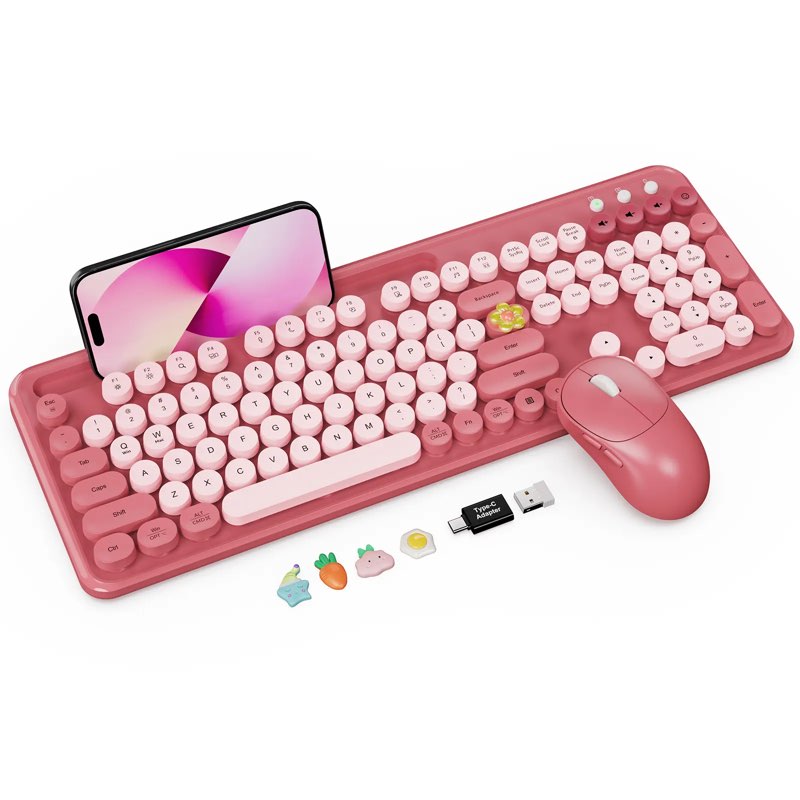 wireless keyboard and mouse combo, retro round keycaps, full-size stylish typewriter keyboard with l