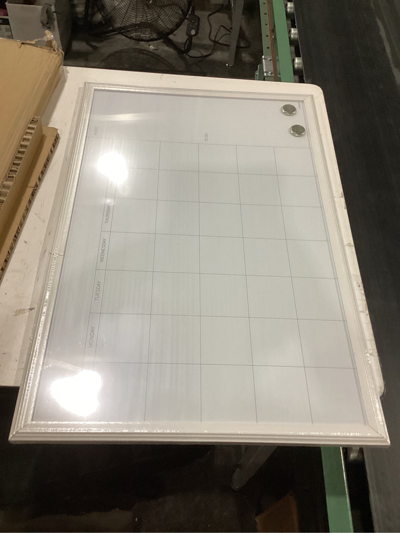 Condition photo showing New/Like New for u brands magnetic dry erase calendar white board, 30" x 20", white wood style frame, includes magnets 30"w x 20"h