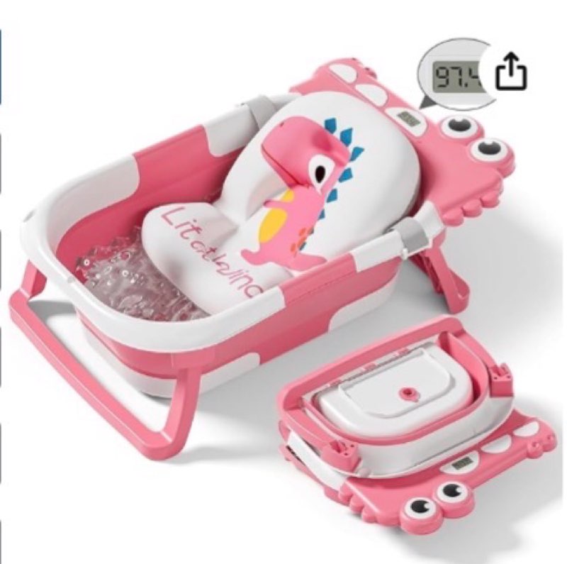 Collapsible Baby Bathtub for Newborn, Foldable Baby Bath Tub with Thermometer & Soft Floating Cushion & Drain Hole, Portable Travel Infant Bath Tubs for Newborns to Toddler 0-36 Months Girl, Pink
