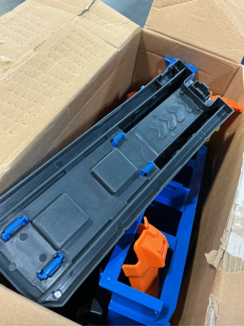 Condition photo showing As Is for hot wheels toy car track set with die-cast car & helicopter, 2 loops, storage for 36 1:64 scale vehicles, speed snap adapters, mega loop garage