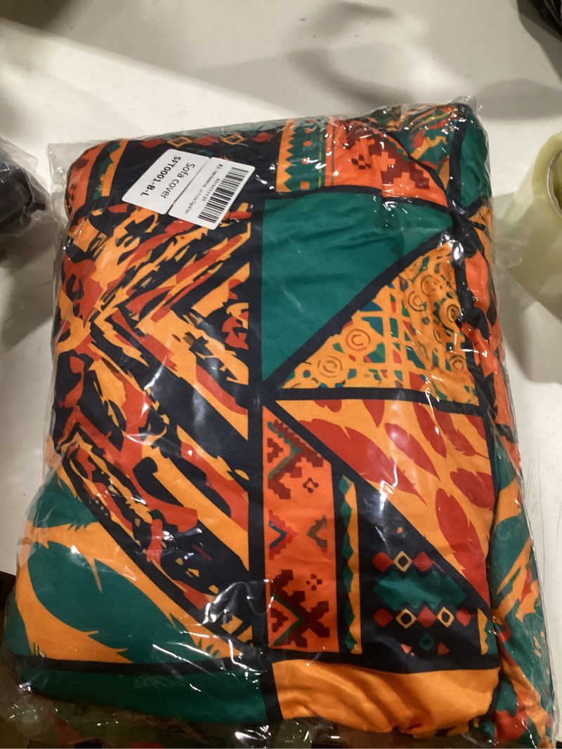 Condition photo showing As Is for Stretch Couch Covers for 3 Separate Cushion Couch Sofa - Floral Printed Couch Sofa Cover,Washable Sofa Slipcover,Pet Friendly Furniture Protector with Elastic Bottom, Universal Fit for Home Block Pattern+orange Large