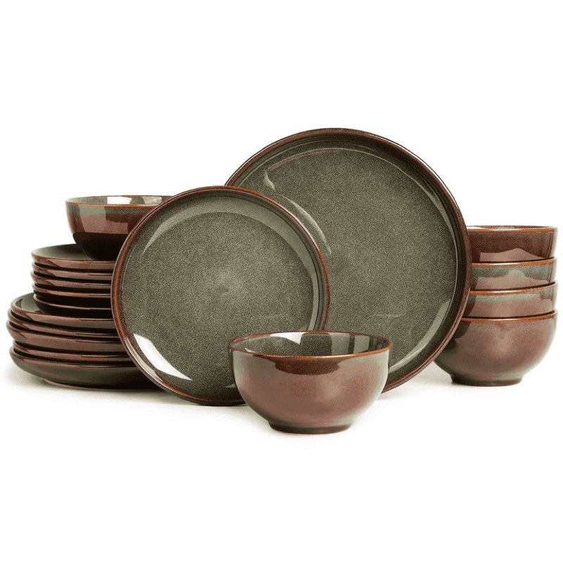  stoneware dinnerware sets, plates and bowls dish sets for 6, brown green 