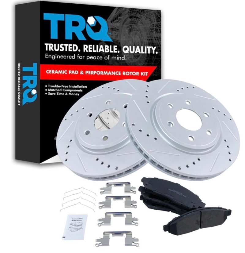 trq front brake pad and rotor set ceramic coated drilled slotted vented rotors compatible with 2005-