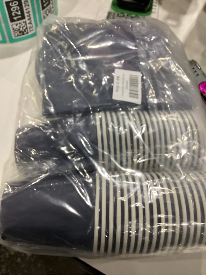 Condition photo showing New/Like New for navy blue party plates set, 120-piece disposable dinnerware for 40 guests, heavy-duty 7-inch paper plates, cups & napkins for corporate event, mens birthday, bbq, game day round navy blue