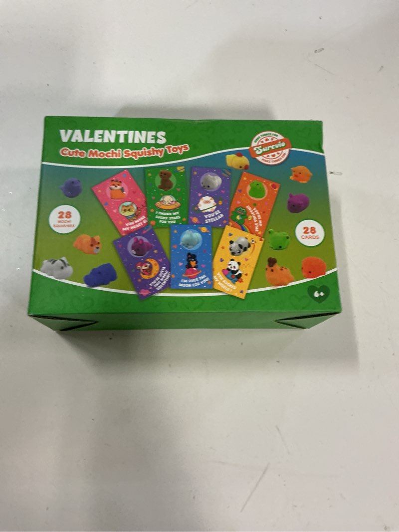 Condition photo showing New/Like New for 28 Pack Valentines Day Gifts for Kids School, Mochi Squishies with Greeting Cards Party Favor for Kids, Animals Squishies Stress Relief Fidget Toys Classroom Exchange Prizes Gifts Astronaut Animal